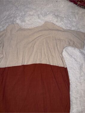Two-Tone Beige and Rust Women’s Dress with Pockets Linen Blend